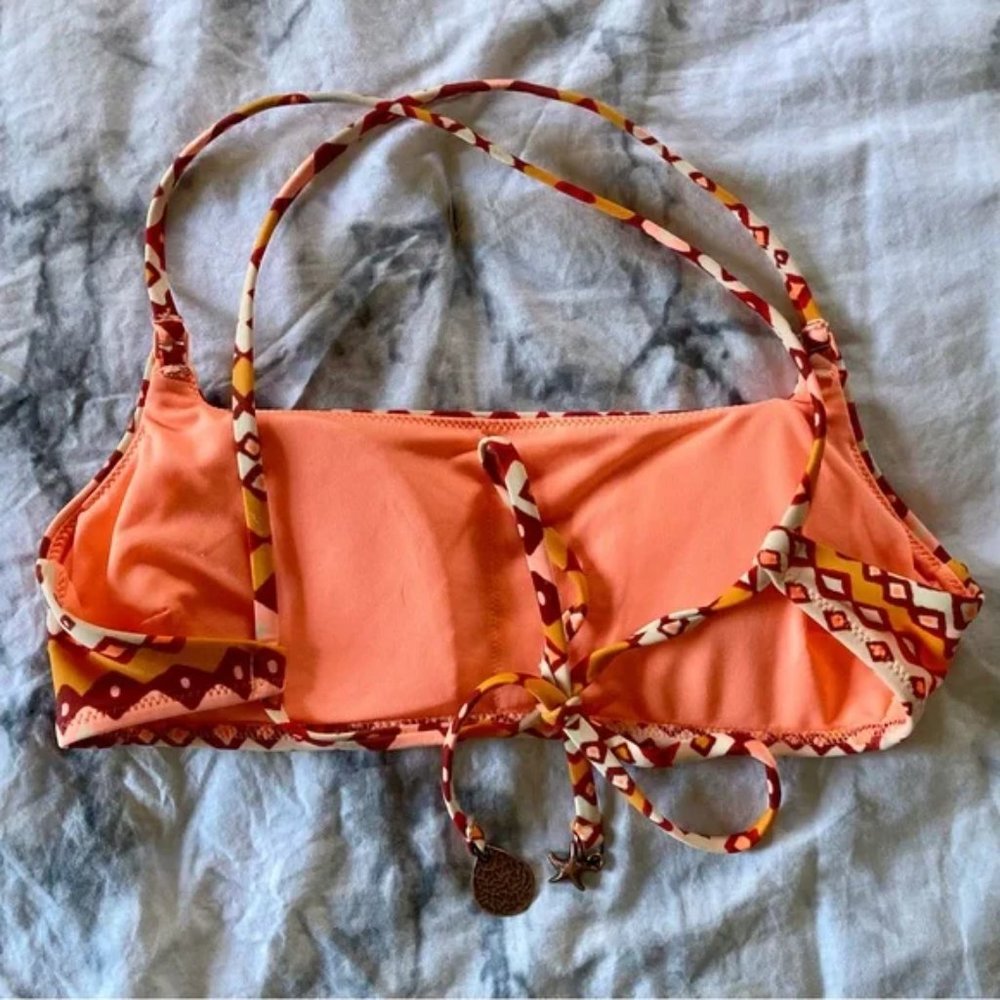 NWOT Aerie Orange Tan Tribal Print String Tie Padded Bandeau Bikini Top Size S - Picture 3 of 5